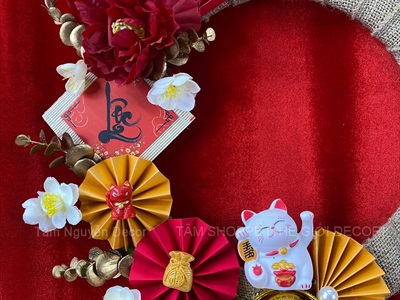 Vòng treo cửa Tết vải bố quạt xếp Mèo Thần Tài [2 Kiểu] ĐK 35cm VTC-T-48